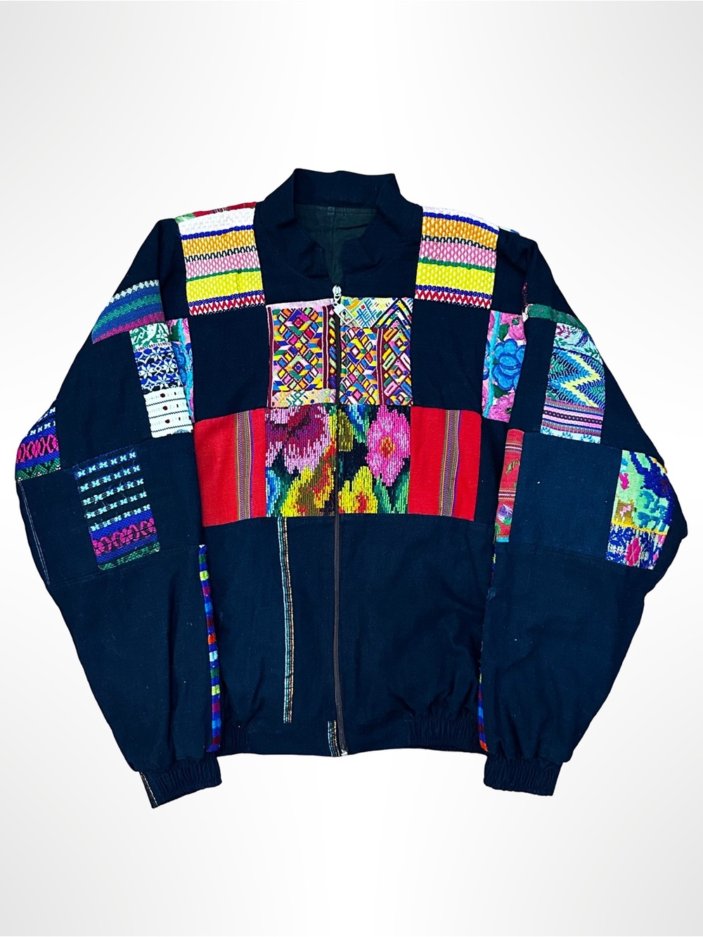 Vintage Guatemalan Hand Woven Patchwork Jacket Boho Ethnic Tribal Full Zip